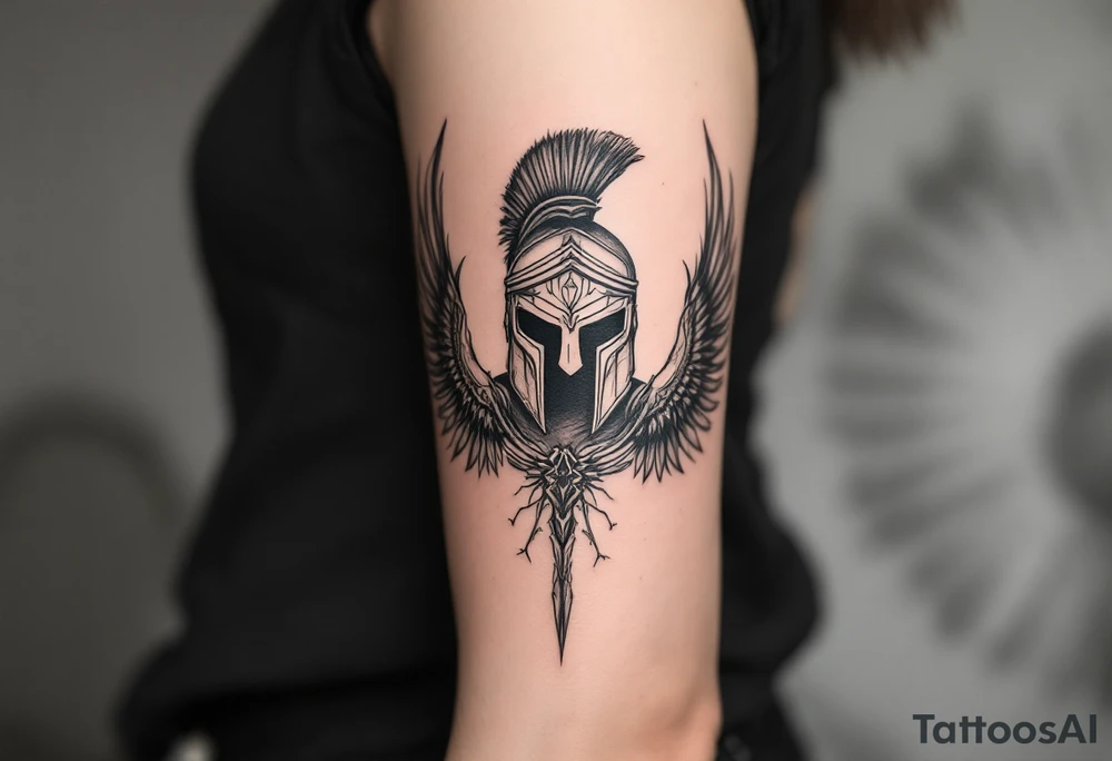 forearm tattoo of a spartan warrior with angel wings tattoo idea