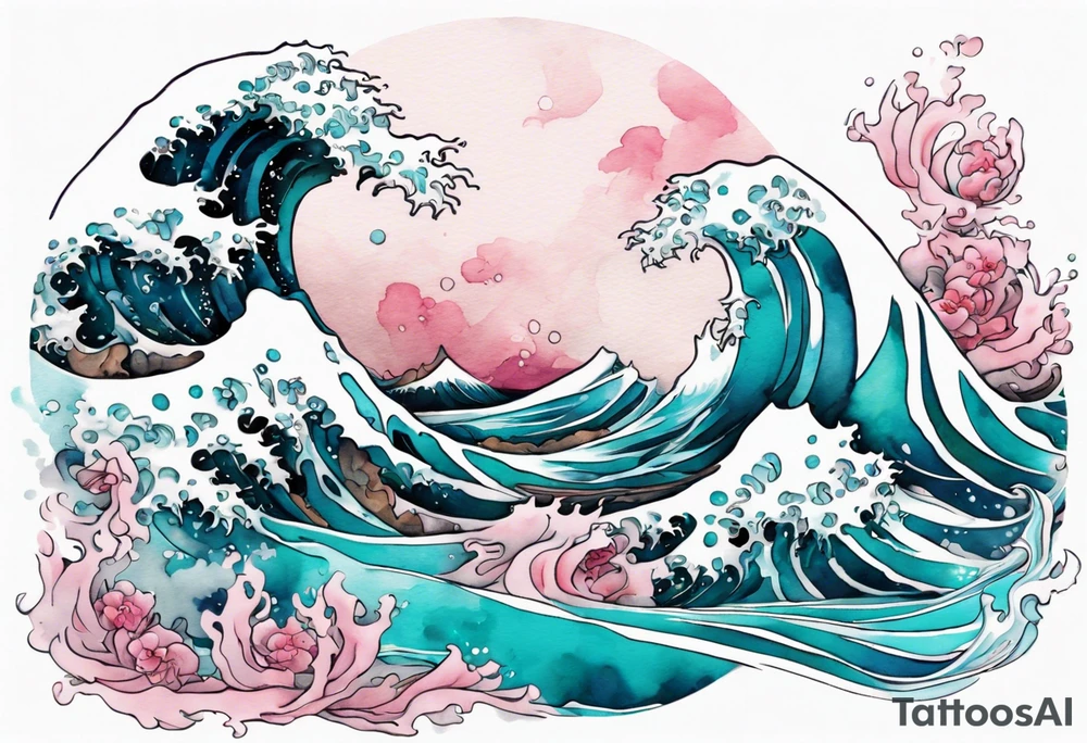 a beautiful turquoise pink and white sea  Aido-Hwedo rising from the waves of the ocean tattoo idea