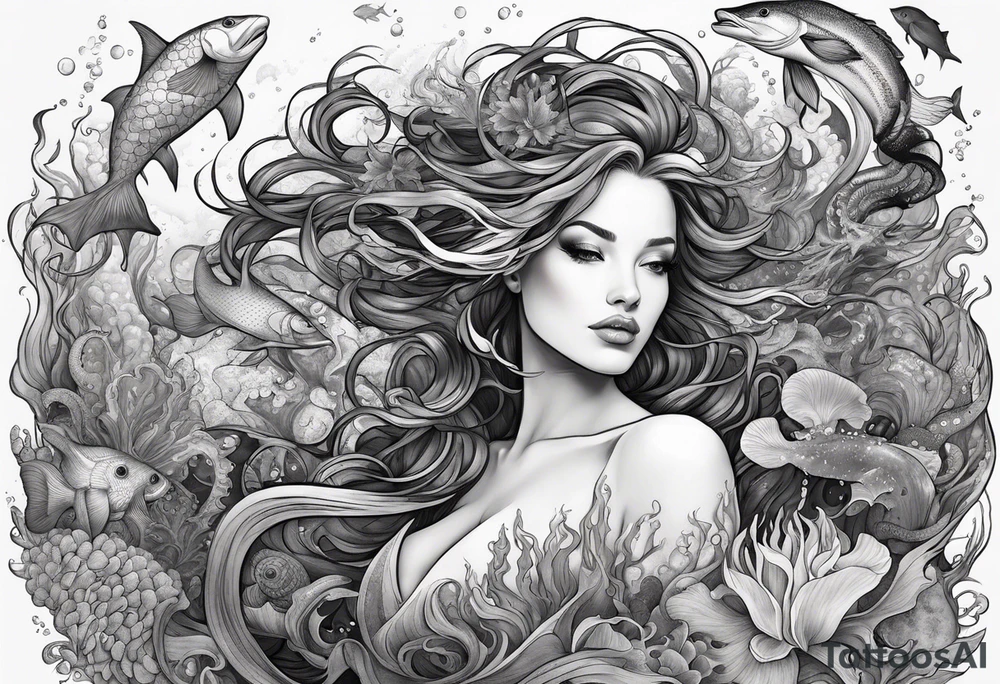 Ethereal woman of the sea surrounded by deep sea creatures. tattoo idea