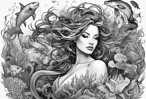 Ethereal woman of the sea surrounded by deep sea creatures. tattoo idea