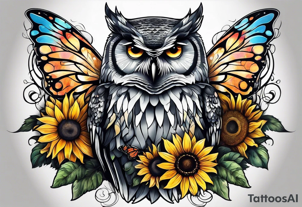 Owl with sunflower and butterfly tattoo idea