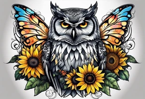Owl with sunflower and butterfly tattoo idea