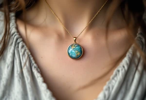 A tiny Earth in subtle sky blue and seafoam green is encased in a thin gold ring like a pendant. tattoo idea