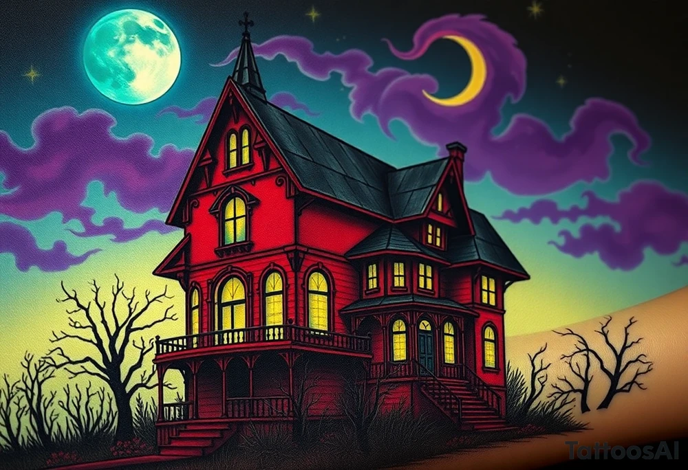 Tim Burton’s haunted victorian home is abandoned and dripping with muted reds, dusty pinks, and eerie green glow.purple and cyan smokey clouds swirl in the crescent moonlit sky thats sprinkled with stars tattoo idea tattoo idea