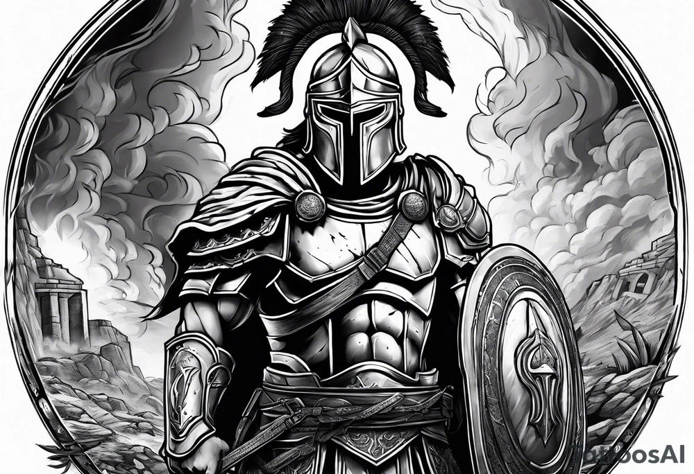 Spartan soldier looking at burning ruins tattoo idea Spartan soldier looking at burning ruins tattoo idea
