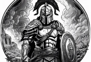 Spartan soldier looking at burning ruins tattoo idea