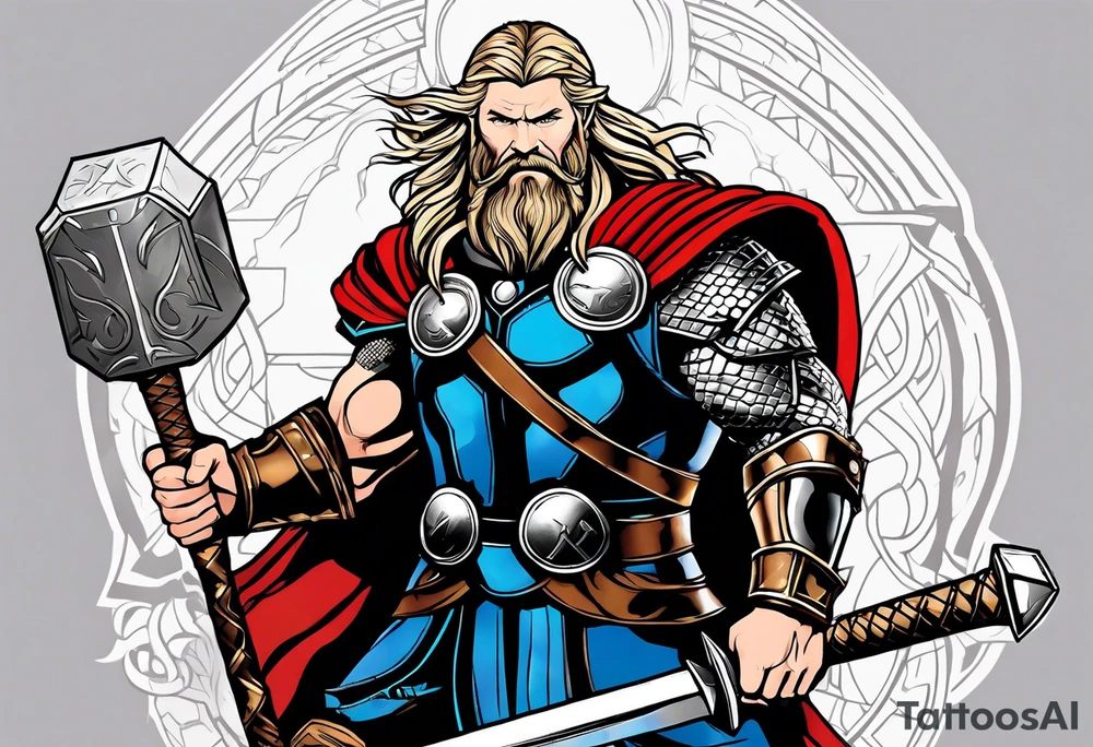 Thor with him holding mjolnir and a vignette of viking rune design tattoo idea