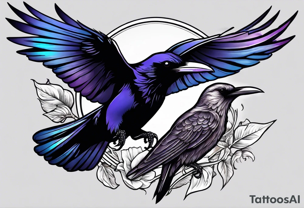raven above a hummingbird with the raven facing right and the hummingbird facing left tattoo idea