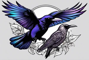 raven above a hummingbird with the raven facing right and the hummingbird facing left tattoo idea