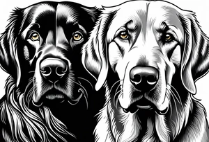 Two dogs. One happy dark colored golden retriever. The other is a yellow Labrador. tattoo idea