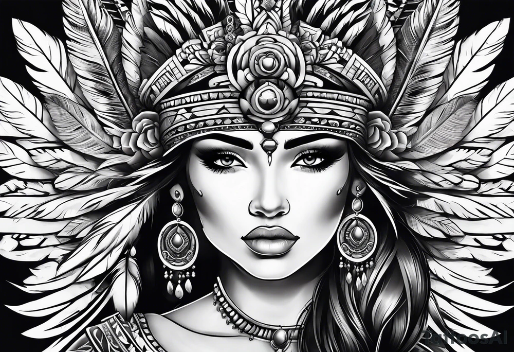 Aztec princess, feather roses tattoo idea