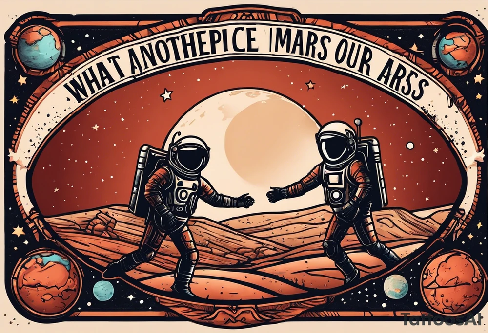 the planet mars with two stick figures holding hands on top of it, with the words "what's another night on mars, with friends like ours?" in a banner across tattoo idea