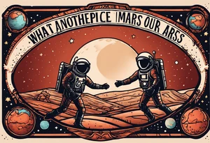 the planet mars with two stick figures holding hands on top of it, with the words "what's another night on mars, with friends like ours?" in a banner across tattoo idea