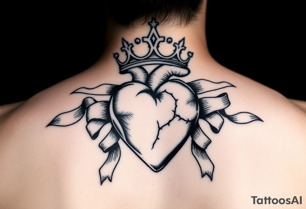 heart pierced with flowing ribbons princess crown festhers tattoo idea