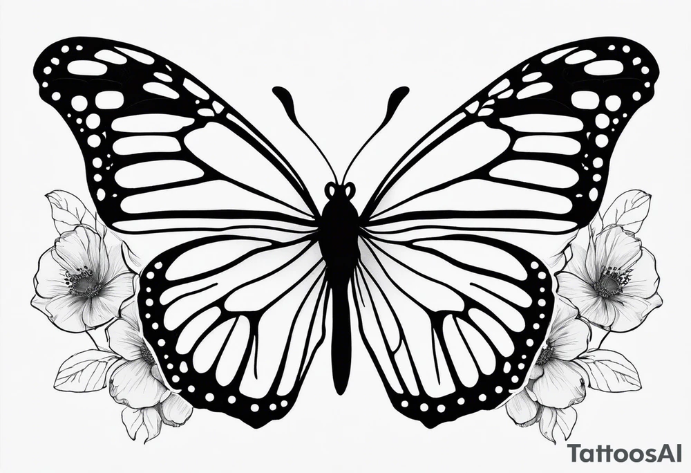 Design a black and white fine line tattoo of a monarch butterfly The top halves of the wings should be filled with delicate poppy flowers, seamlessly integrated into the wing design. The overall style should be minimalistic and elegant, with clean lines and intricate details. The bottom halves of the wings should remain simple to emphasize the flowers above. tattoo idea