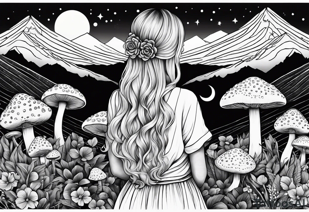 Straight blonde hair girl holding mushrooms in hand meditating facing away toward mountains surrounded by mushrooms crescent moon mandala circular design black and white striped dress tattoo idea