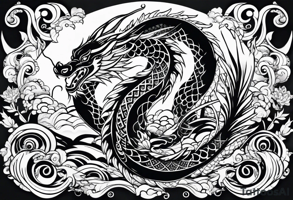 Māori dragon, koi, water, black tattoo idea