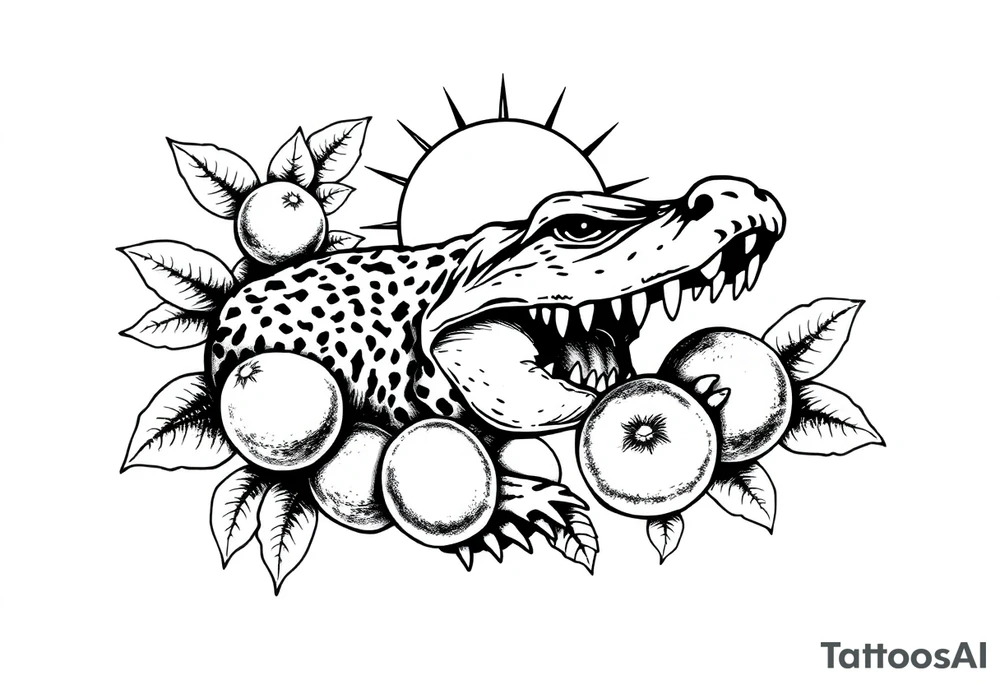 can you do another post stamp florida themed design with a gator the sun and oranges in a traditiona style tattoo idea