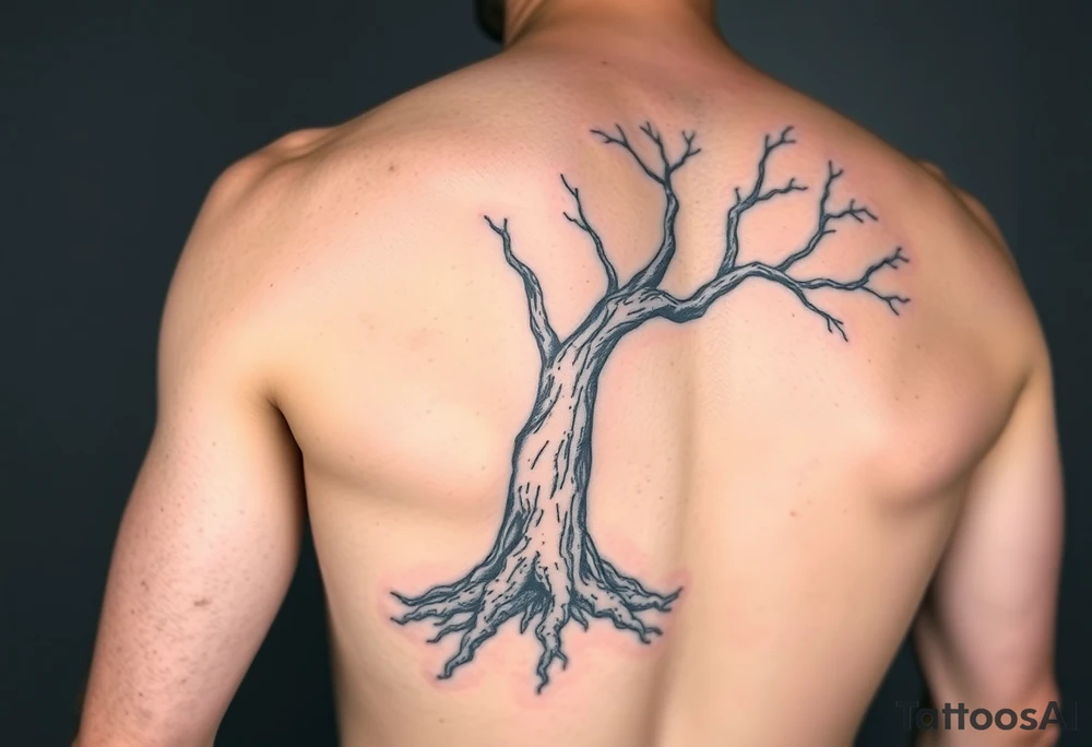 Full sleeve arm tattooed like tree bark with roots at the bottom around the wrist and branches into three at the top by the shoulder tattoo idea