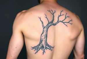 Full sleeve arm tattooed like tree bark with roots at the bottom around the wrist and branches into three at the top by the shoulder tattoo idea