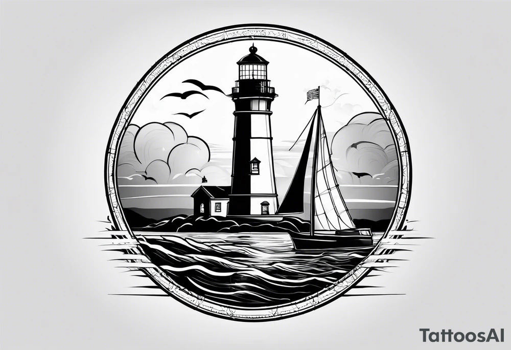 maritime lighthouse partially hidden by its large fixed sail. calm sea reflection. tattoo idea