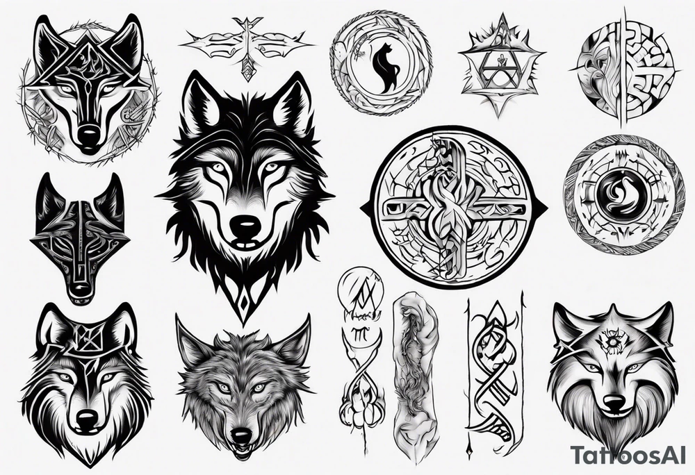 Wolf  howling with Norse symbols, a bit of Māori tattooing and my nanas name joy in it tattoo idea