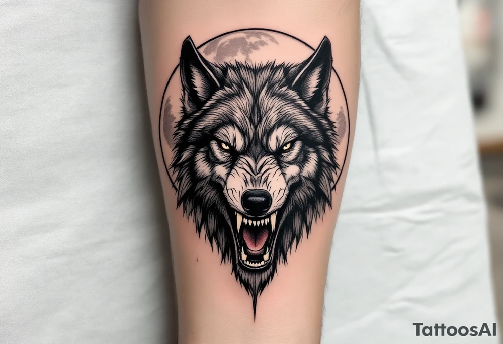Realistic wolf head snarling with moon background tattoo idea Realistic wolf head snarling with moon background tattoo idea
