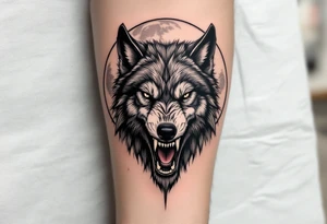 Realistic wolf head snarling with moon background tattoo idea