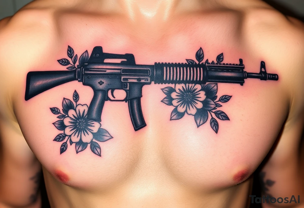 ak 47 black silhouette with floreal details tattoo idea