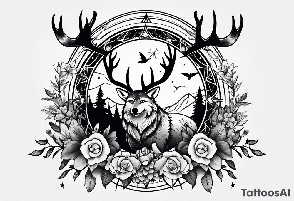 Stars, antlers, dogs, wolf, mountains, flowers, plants, dragonfly, dream catcher, birds
Design for my forearm and fist 
Nothing big or centered tattoo idea