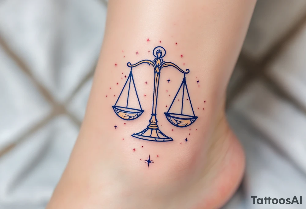 A stylized set of scales rests over a navy Libra star constellation with tiny stars in pastel pink. tattoo idea