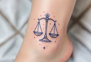 A stylized set of scales rests over a navy Libra star constellation with tiny stars in pastel pink. tattoo idea