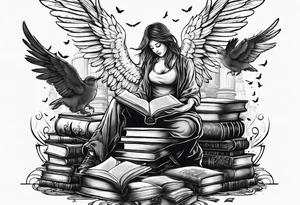 Angel kneeling next to open stack of books with bird silhouettes flying out of the book. tattoo idea