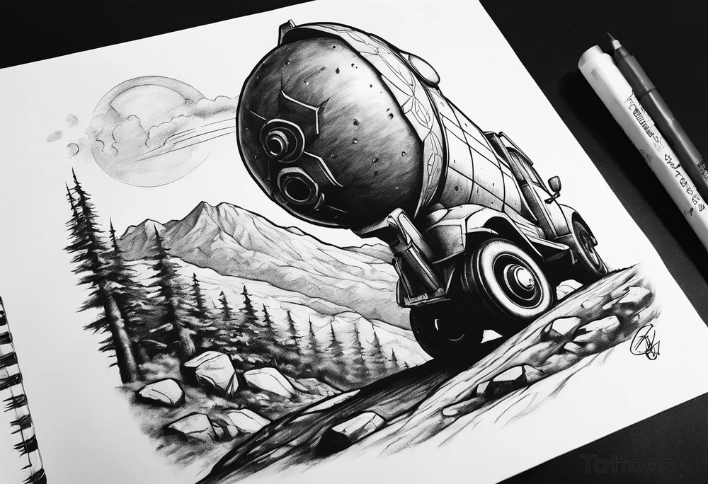 sisyphus rolling the mini nuke from fallout 4 up a hill tattoo idea