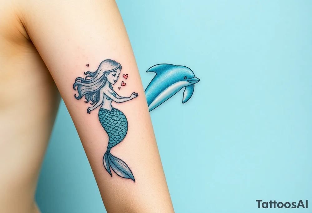 A mermaid swimming along with a dolphin tattoo idea
