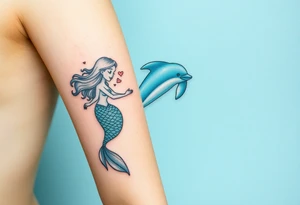 A mermaid swimming along with a dolphin tattoo idea
