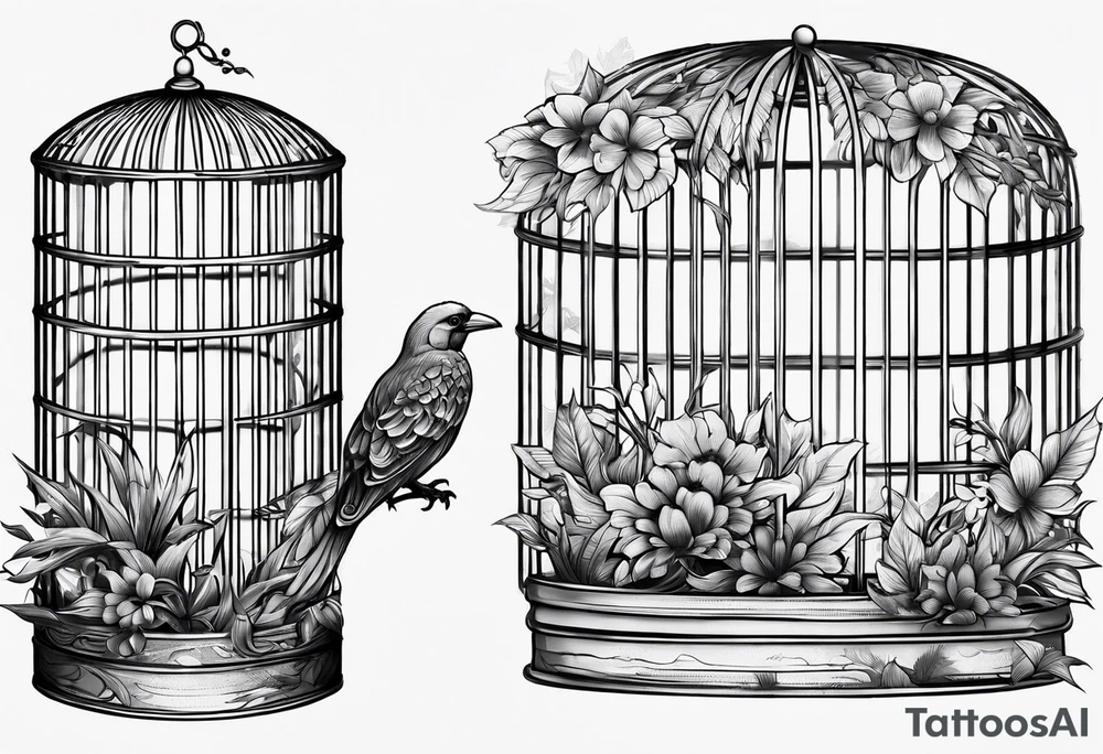 really big bird in a long but too small cage for him. Add decoration on the left top of the cage like 
foliage tattoo idea
