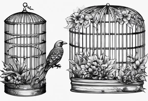 really big bird in a long but too small cage for him. Add decoration on the left top of the cage like 
foliage tattoo idea