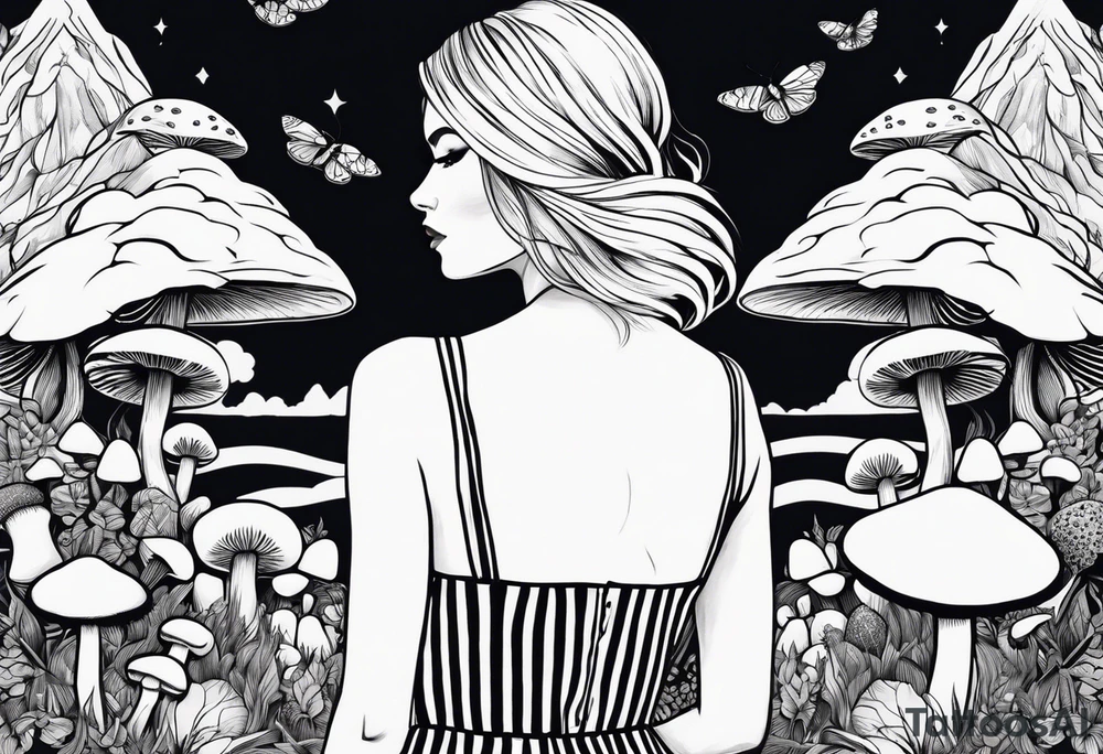 Straight blonde hair girl holding mushrooms in hand facing away toward mountains surrounded by mushrooms circular design black and white striped dress tattoo idea
