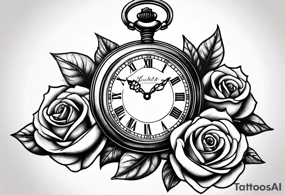 Pocket watch with chain and roses tattoo idea
