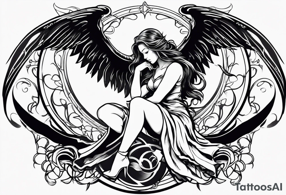 angel girl kneeling inside the symbol of satan vector with face looking down wings wide open. tattoo idea