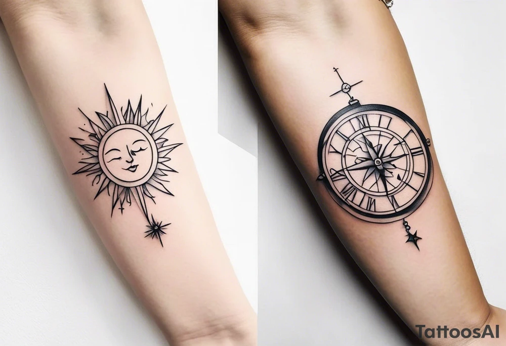 Very Simple tattoo combining elements of time, travel, sun and moon, and direction. It should take only an hour to finish. tattoo idea