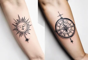Very Simple tattoo combining elements of time, travel, sun and moon, and direction. It should take only an hour to finish. tattoo idea