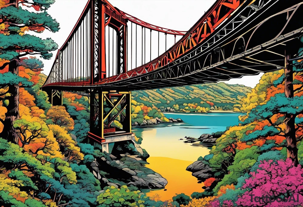70's poster art, pop art, simple, view from under cantilever bridge tattoo idea