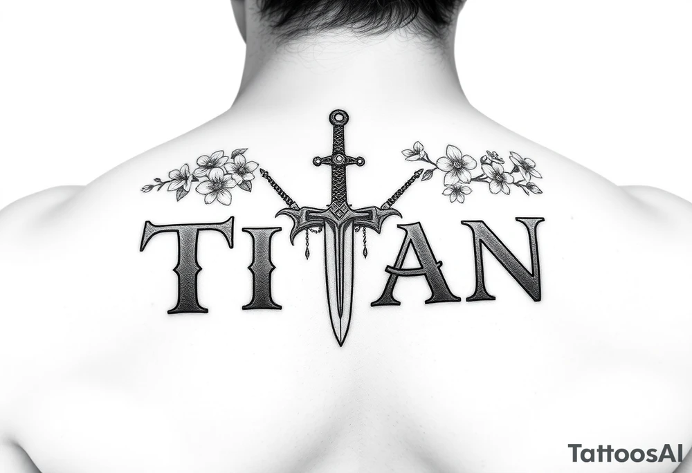 Name ‘Titan’ with birthday, Greek mythology inspired font with mini swords the T in Titan is a sword with cherry blossoms flowers in the background add color tattoo idea