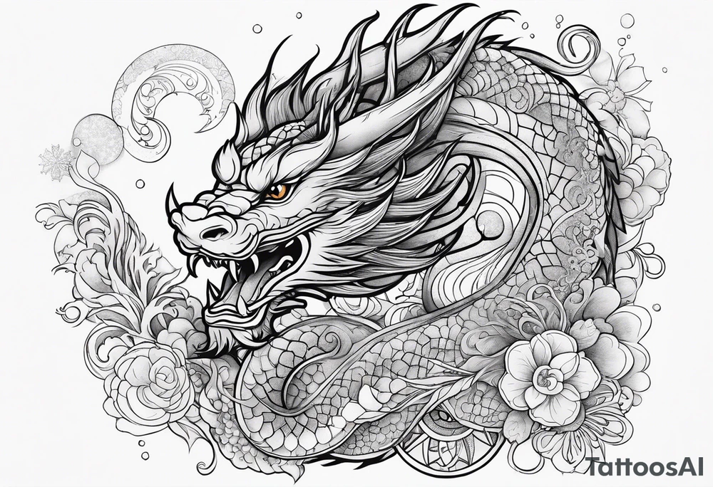 japanese dragon cute , celestial, cross, snowflake tattoo idea