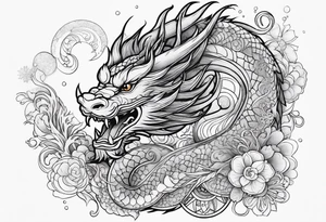 japanese dragon cute , celestial, cross, snowflake tattoo idea