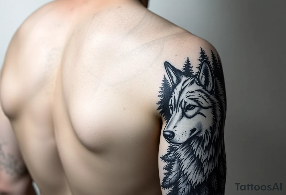 Arm Sleeve Night time forest scene arm sleeve with a wolf on the right arm tattoo idea