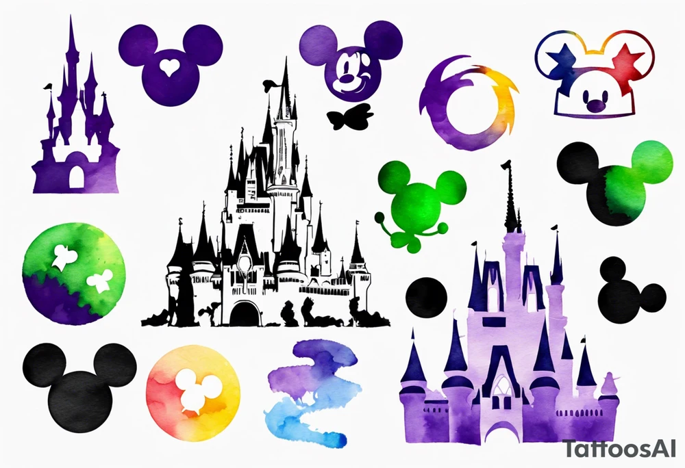 Disney park icon in black and white with watercolor splotches behind. Watercolor should be green, yellow, and purple. tattoo idea