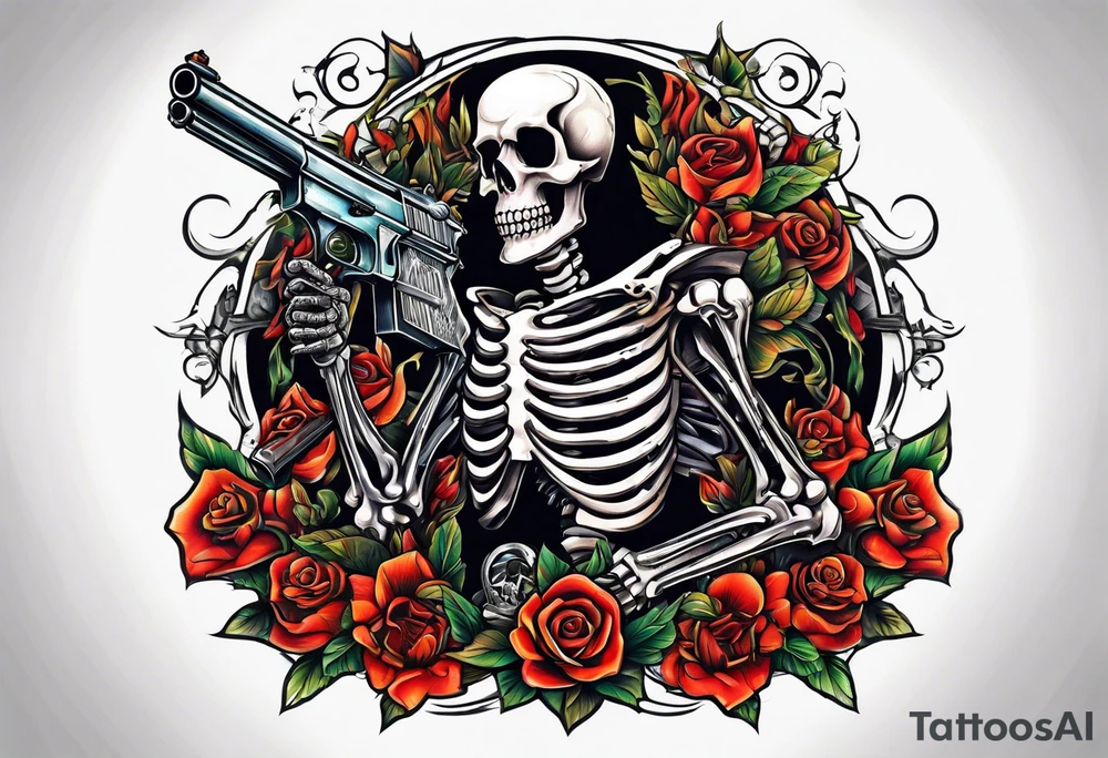 Skeleton with knife in chest shooting gun tattoo idea